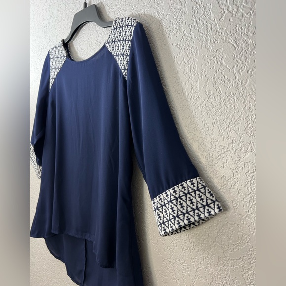 THML Navy White High Low Boho Bohemian Ethnic Blouse Casual long sleeve Tops - Picture 5 of 8